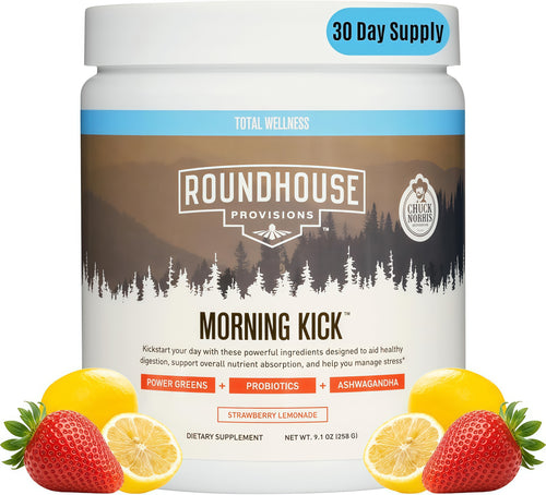 ROUNDHOUSE PROVISION Morning Kick Greens, Strawberry Lemonade, 30 Servings | Greens Superfood Powder for Gut Health, Sugar Free, Caffeine Free, Ashwagandha, Collagen Peptides, Probiotics, Chuck Norris