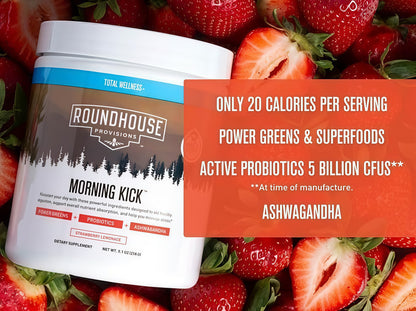 ROUNDHOUSE PROVISION Morning Kick Greens, Strawberry Lemonade, 30 Servings | Greens Superfood Powder for Gut Health, Sugar Free, Caffeine Free, Ashwagandha, Collagen Peptides, Probiotics, Chuck Norris